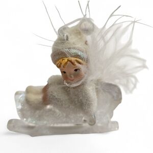 Vintage Feather Angel in Acrylic Sleigh Christmas Ornament Winter Fairy Decor